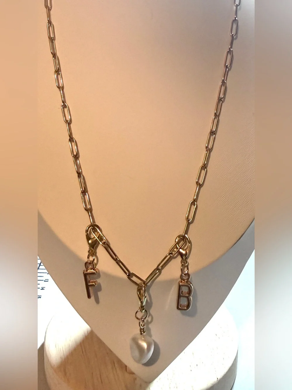 Gold Paperclip Initial Charm Necklace Pearl Custom Letter FB (Football) Layering
